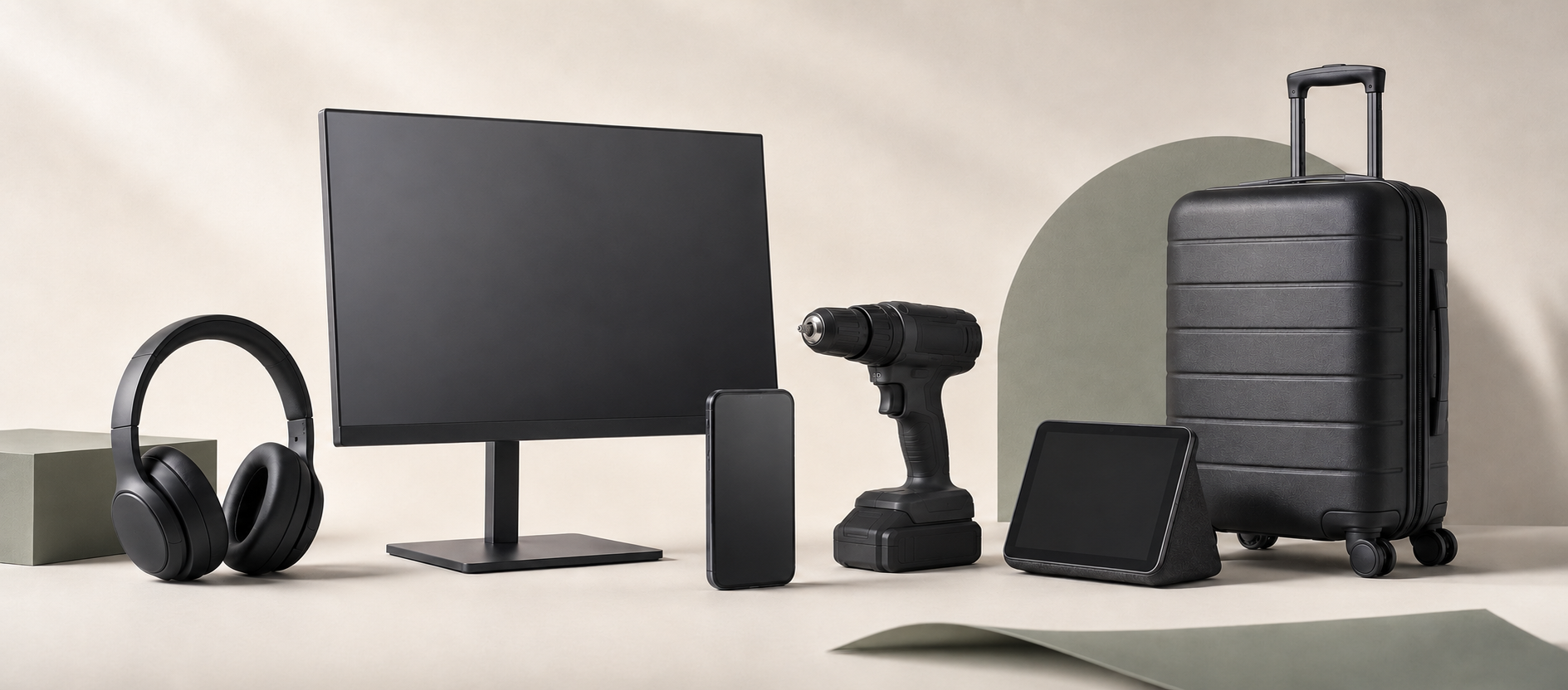 Headphones, monitor, phone, drill, smart display and luggage